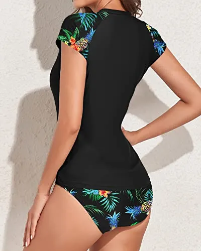 Women Two Piece Short Sleeve Rash Guard Bathing Suit Zipper Swimsuit-Black Pineapple