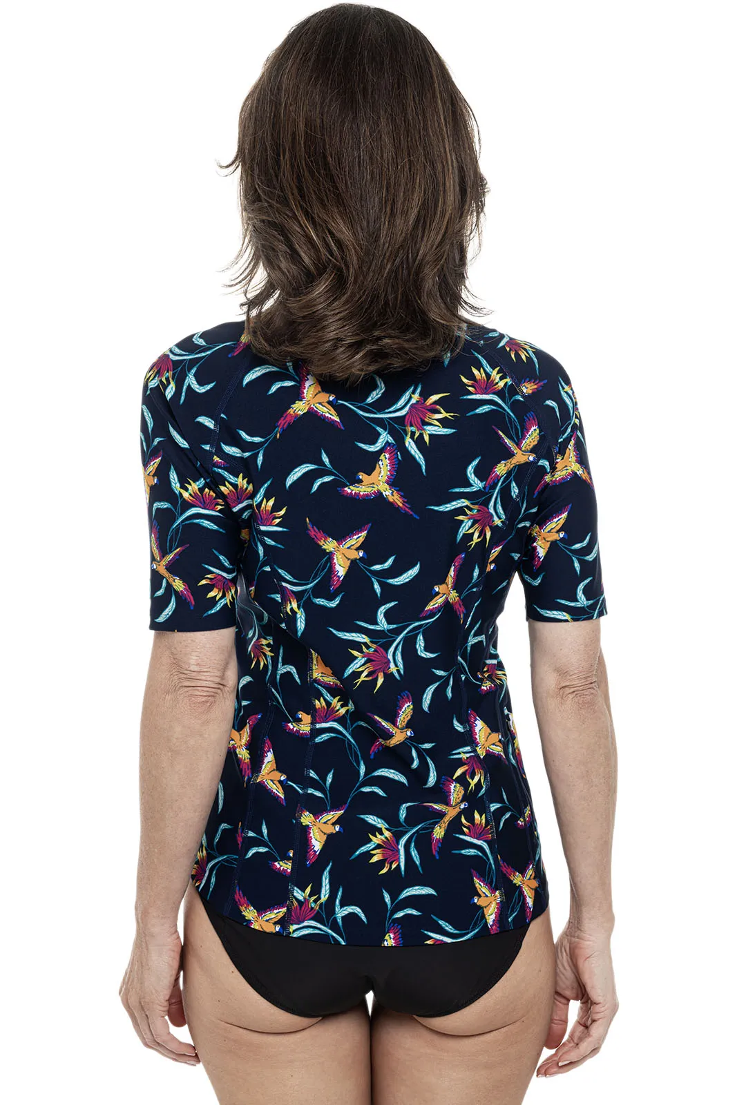 Women's Freestyle Short Sleeve Rash Guard  |  Navy Birds of Paradise
