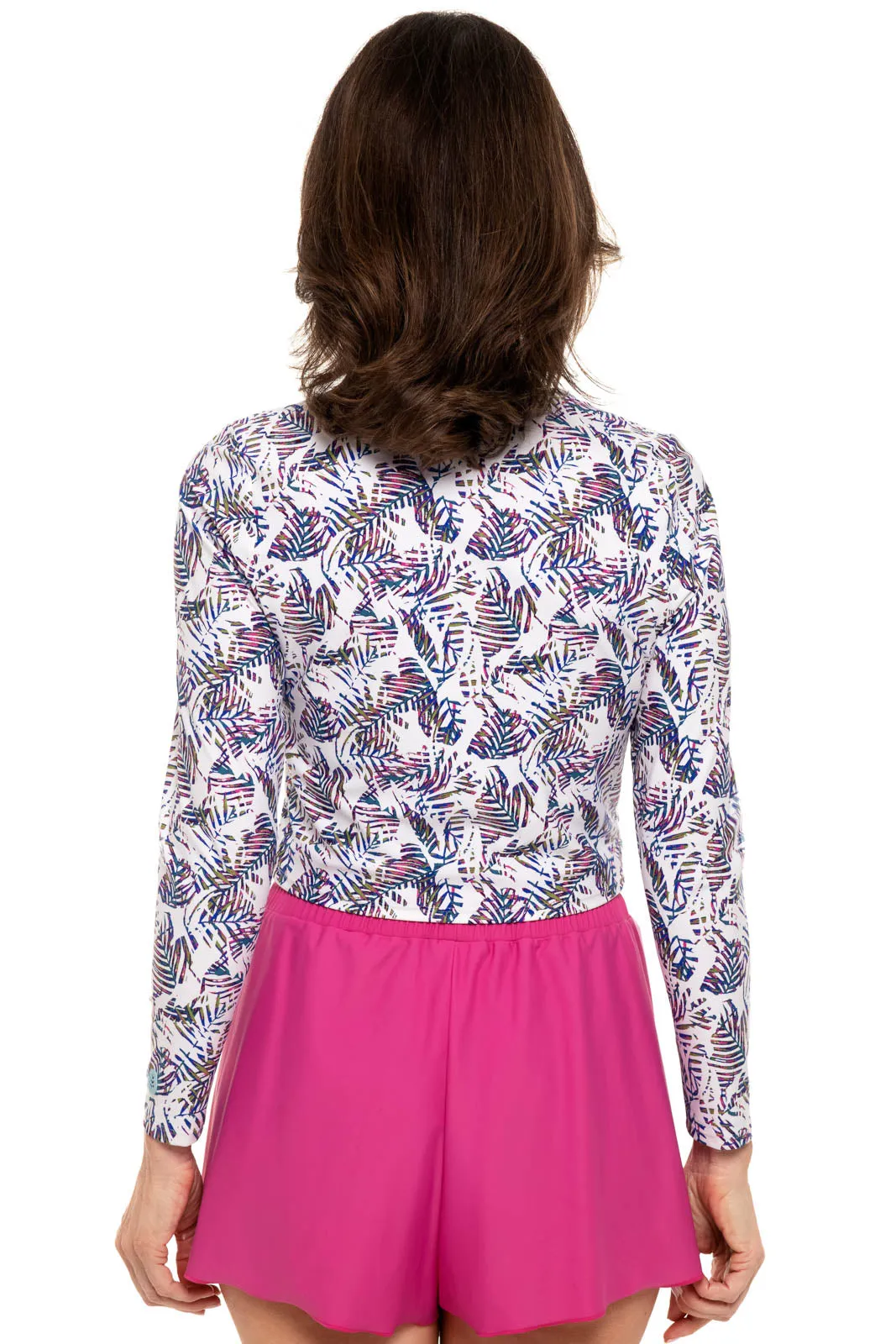 Women's Ocean Drive Cropped Rash Guard  |  Magnolia Pink Beach Leaves